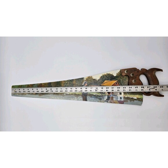 Antique Hand Painted Saw Blade Folk Art Lake River Fishing Scene by a Mill - Picture 6 of 8